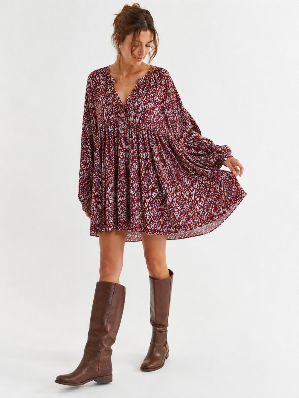 Umgee Oversized Boho Burgundy Babydoll Dress Medium V-Neck Button Detail EUC